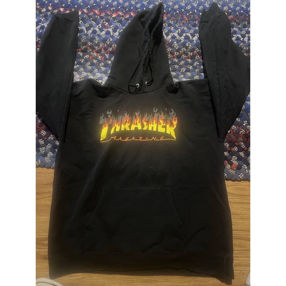 Men's Thrasher Flame Logo Spellout Graphic Print Black Hoodie Sweatshirt Size M